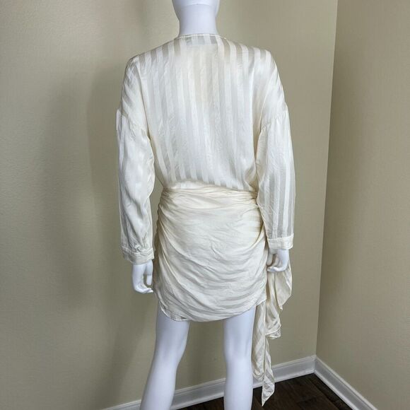 Michelle Mason Womens Size 4 Ivory Crepe Silk Satin Stripe Mini Wrap Shirt Dress - Picture 7 of 15